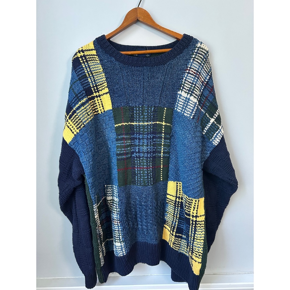 Nautica Handknit Patchwork Plaid Cotton Sweater Mens XL Blue Green Yellow